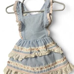 6-12 months Birdie bean apron style dress blue white pinstripe pink ruffles